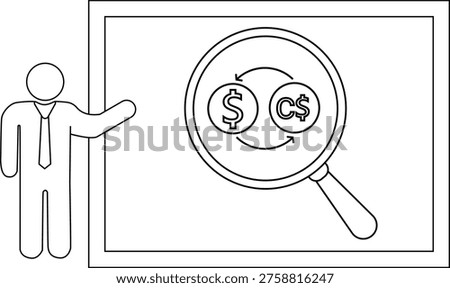 Outline image person presenting a board featuring a magnifying glass focused on USD and CAD currency exchange