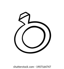 Umrissbild eines Ringes. Handgezeichnete doodle Illustration, schwarzes Bild eines Ringes mit Diamant auf weißem Hintergrund. Lineare Kunst. Vektorgrafik.