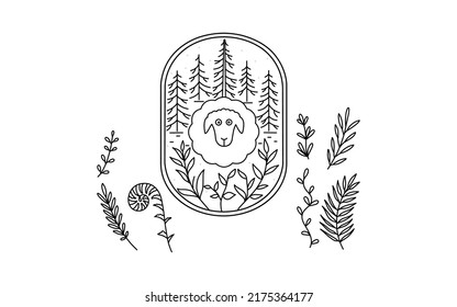 Outline image of sheep, tree, leaf with badge