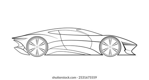 Outline image of a sports car with aerodynamic and futuristic design, abstract sports car, side view.