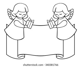 Outline image of two angel and paper swirl