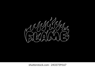 Outline image of the word “FLAME” stylized to look like it’s on fire. Neon sign. Vector image.