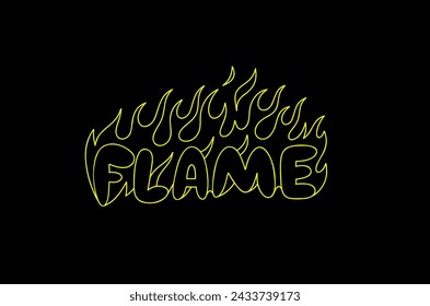 Outline image of the word “FLAME” stylized to look like it’s on fire. Neon sign. Vector image.