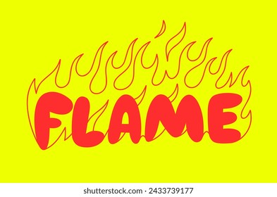 Outline image of the word “FLAME” stylized to look like it’s on fire. Neon sign. Vector image.