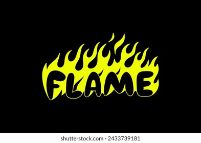 Outline image of the word “FLAME” stylized to look like it’s on fire. Neon sign. Vector image.