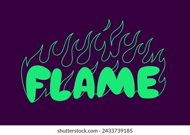 Outline image of the word “FLAME” stylized to look like it’s on fire. Neon sign. Vector image.