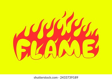 Outline image of the word “FLAME” stylized to look like it’s on fire. Neon sign. Vector image.