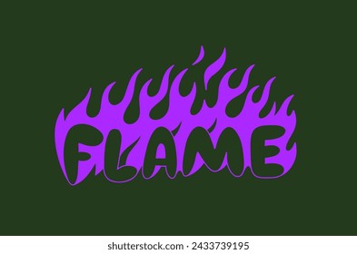 Outline image of the word “FLAME” stylized to look like it’s on fire. Neon sign. Vector image.