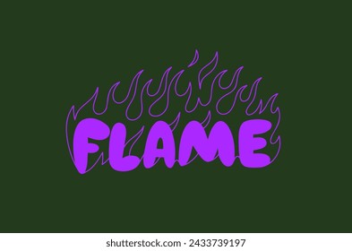 Outline image of the word “FLAME” stylized to look like it’s on fire. Neon sign. Vector image.