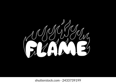 Outline image of the word “FLAME” stylized to look like it’s on fire. Neon sign. Vector image.