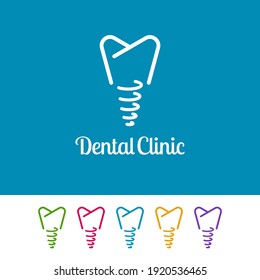 Outline implant icons on white and blue background. Minimal logo design for dental.