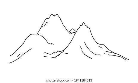 Outline of inaccessible cordillera mountains illustration. Sketch black peaks and hills with rocky snow capped cliffs deep vector gorges.