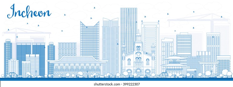 Outline Incheon Skyline with Blue Buildings. Vector Illustration. Business Travel and Tourism Concept with Modern Buildings. Image for Presentation Banner Placard and Web Site.