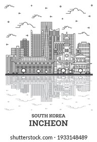Outline Incheon South Korea City Skyline with Modern Buildings and Reflections Isolated on White. Vector Illustration. Incheon Cityscape with Landmarks.