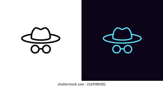 Outline incognito man icon, with editable stroke. Foreign agent and spy with hat and glasses, detective pictogram. Anonym face, invisible mode, hidden person, hacker. Vector icon for UI and Animation