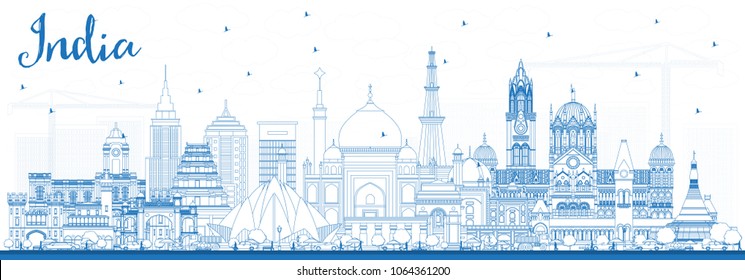 Outline India City Skyline with Blue Buildings. Delhi. Mumbai, Bangalore, Chennai. Vector Illustration. Business Travel and Tourism Concept with Historic Architecture. India Cityscape with Landmarks.