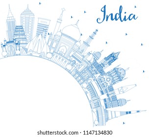 Outline India City Skyline with Blue Buildings and Copy Space. Delhi. Mumbai, Bangalore, Chennai. Vector Illustration. Tourism Concept with Historic Architecture. India Cityscape with Landmarks.
