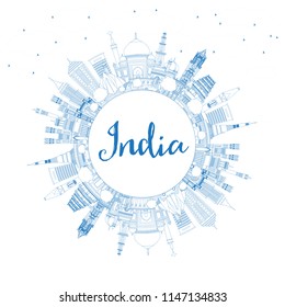 Outline India City Skyline with Blue Buildings and Copy Space. Delhi. Mumbai, Bangalore, Chennai. Vector Illustration. Tourism Concept with Historic Architecture. India Cityscape with Landmarks.