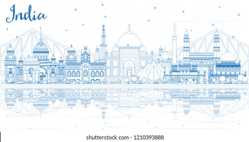 Outline India City Skyline with Blue Buildings and Reflections. Delhi. Hyderabad. Kolkata. Vector Illustration. Travel and Tourism Concept with Historic Architecture. India Cityscape with Landmarks.