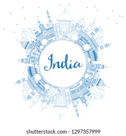 Outline India City Skyline with Blue Buildings and Copy Space. Delhi. Hyderabad. Kolkata. Vector Illustration. Travel and Tourism Concept with Historic Architecture. India Cityscape with Landmarks.