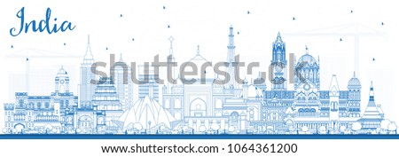 Outline India City Skyline with Blue Buildings. Delhi. Mumbai, Bangalore, Chennai. Vector Illustration. Business Travel and Tourism Concept with Historic Architecture. India Cityscape with Landmarks.