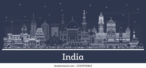 Esbozar el horizonte de la ciudad de India con edificios blancos. Delhi. Bombay, Bangalore, Chennai. Ilustración vectorial. Concepto de viajes de negocios y turismo con arquitectura histórica. El paisaje urbano de la India con puntos de referencia.