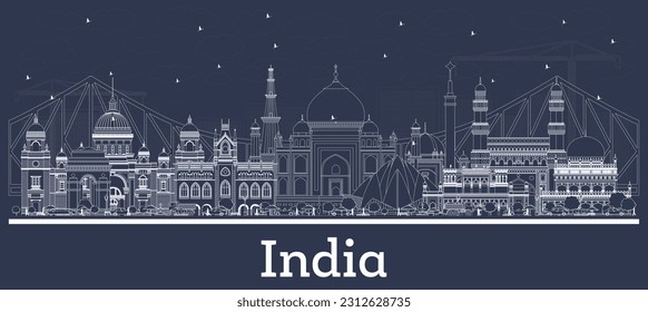 Outline India City Skyline with White Buildings. Delhi. Hyderabad. Kolkata. Vector Illustration. Travel and Tourism Concept with Historic Architecture. India Cityscape with Landmarks.