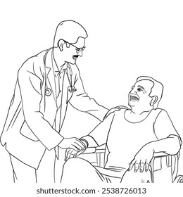 outline of an Indian doctor talking with an old patient, rural healthcare, urban healthcare