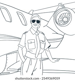 outline of Indian female pilot standing outside the airplane, women empowerment