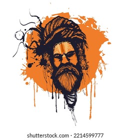 Outline indian saint baba, sadhu. Graffiti style. Marker tag with smudges squiezer effect. Modern vector illustration isolated on the white background.