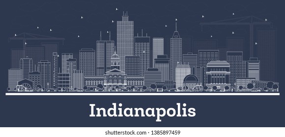 Outline Indianapolis Indiana City Skyline with White Buildings. Vector Illustration. Business Travel and Concept with Modern Architecture. Indianapolis USA Cityscape with Landmarks.