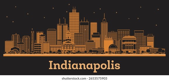 Outline Indianapolis Indiana City Skyline com edifícios laranja. Ilustração de vetor. Viagens de negócios e conceito com arquitetura moderna. Indianápolis EUA Cityscape com pontos de referência.