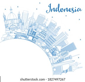 Outline Indonesia Cities Skyline with Blue Buildings and Copy Space. Vector Illustration. Tourism Concept with Historic Architecture. Indonesia Cityscape with Landmarks. Jakarta. Surabaya. Bekasi. 