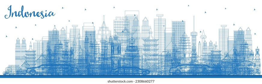 Outline Indonesia Cities Skyline with Blue Buildings. Vector Illustration. Tourism Concept with Historic Architecture. Indonesia Cityscape with Landmarks. Jakarta. Surabaya. Bekasi.