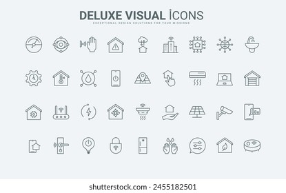 Outline indoor tech system with sensors control heat and light, lock door of building and electricity, electric appliances management. Smart home thin black and red line icons set vector illustration