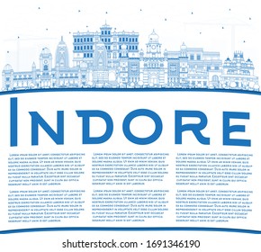 Outline Indore India City Skyline with Blue Buildings and Copy Space. Vector Illustration. Business Travel and Tourism Concept with Historic and Modern Architecture. Indore Madhya Pradesh Cityscape.