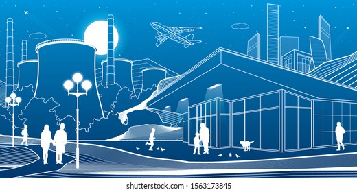 Outline industry and city illustration. Evening town urban scene. People walking at garden. Night shop. Power Plant in mountains. White lines on blue background. Vector design art