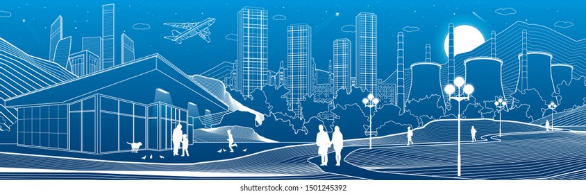 Outline Industry And City Illustration Panorama. Evening Town Urban Scene. People Walking At Garden. Night Shop. Power Plant In Mountains. White Lines On Blue Background. Vector Design Art