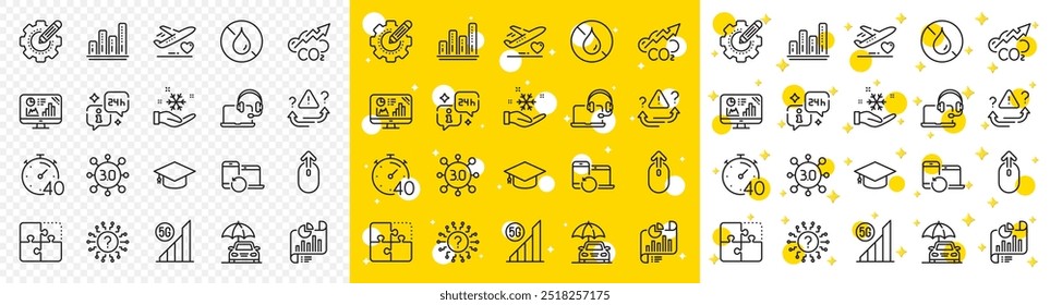 Información de esquema, consulta y gráfico gráfico línea iconos pack para el Web con Co2, dispositivos de recuperación, icono de línea de atención. Documento de informe, seguro de automóvil, icono de pictograma de congelación. Configuraciones de equipo. Vector