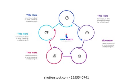 Outline Infographic circular diagram for business presentations with 5 steps or options. Pentagon cycle chart