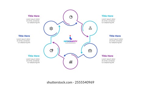 Outline Infographic circular diagram for business presentations with 6 steps or options. Hexagon cycle chart