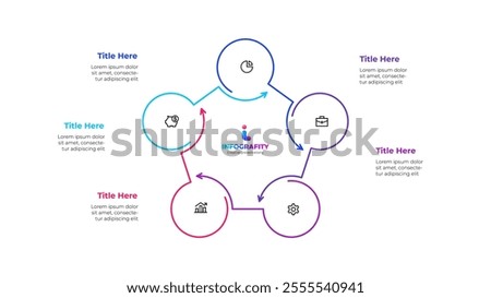 Outline Infographic circular diagram for business presentations with 5 steps or options. Pentagon cycle chart