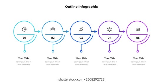 Outline infographic design displaying five sequential steps with icons and vibrant colors, suitable for business, marketing, or presentation purposes