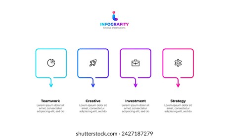 Outline infographic design template. Progress diagram with 4 square elements. Concept of startup development four steps
