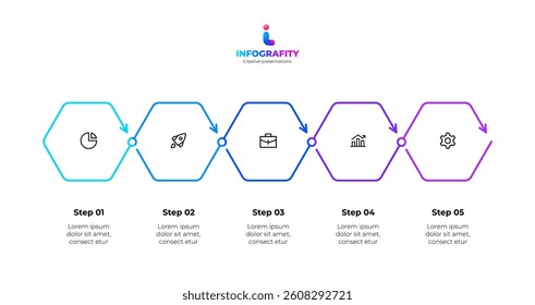 Outline infographic featuring five sequential hexagonal steps with icons depicting process stages, ideal for business presentations or workflow diagrams