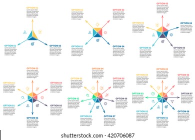 Outline infographic multidirectional arrows. Radial charts, diagrams with 3, 4, 5, 6, 7, 8 steps, options, parts, processes. Vector templates.