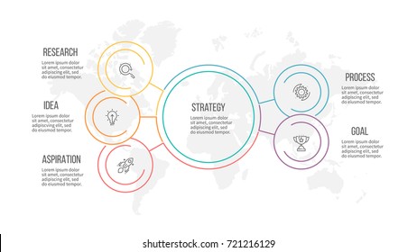 Outline infographic. Organization chart with 5 options, sections. Vector template.