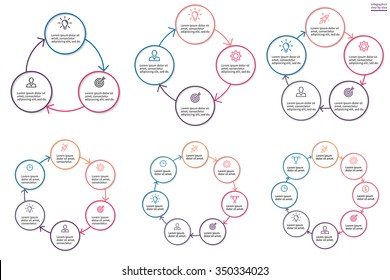 Outline infographics. Circular linear diagram, scheme, graph with 3, 4, 5, 6, 7, 8 steps, options, parts, processes. Vector thin line design elements for presentation.