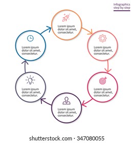 Outline Infographics Step By Step. Circular Linear Diagram, Scheme, Graph With 6 Steps, Options, Parts, Processes. Vector Thin Line Design Element For Presentation.