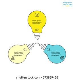 Outline infographics step by step. Connected light bulbs. Linear chart, diagram, scheme, graph with 3 steps, options, parts, processes. Vector thin line design element.